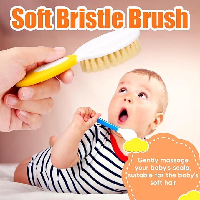 Baby Hair Brush and Comb Set, 4Pcs Baby Soft Bristles hairbrush Cradle Cap Brush Hair Comb for Newborns Toddlers Boys Girls (Yellow)