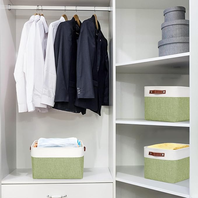 Storage Bins Large Fabric Storage Baskets for Shelves 3 Pack, Decorative Linen Closet Baskets with Handles for Organizing, Shelf, Clothes, Home, Office, 15x11x9.5Inches (Green&White)