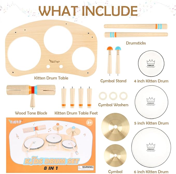 Kids Drum Set for Toddlers 3+, 8 in 1 Montessori Musical Instruments - Wooden Musical Toys for Baby Easter Christmas Birthday Gifts for Preschool Learning Music for Boys Girls Age 3 4 5 6