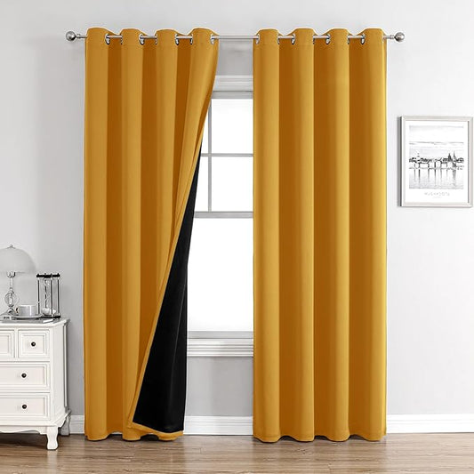 ChrisDowa 100% Blackout Curtains 90 inch Long for Bedroom with Black Liner, 2 Thick Layers Total Blackout Thermal Insulated Grommet Long Window Curtains 2 Panels Set (Mustard Yellow, 52 x 90 Inch)