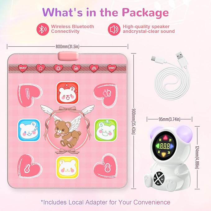 Rechargeable Dance Mat Toys for Girls, Light Up Dance Pad with Wireless Bluetooth, Xmas B-Day Gifts for 3 4 5 6 7 8 9 10 11 12 Years Old Kids (Pink)