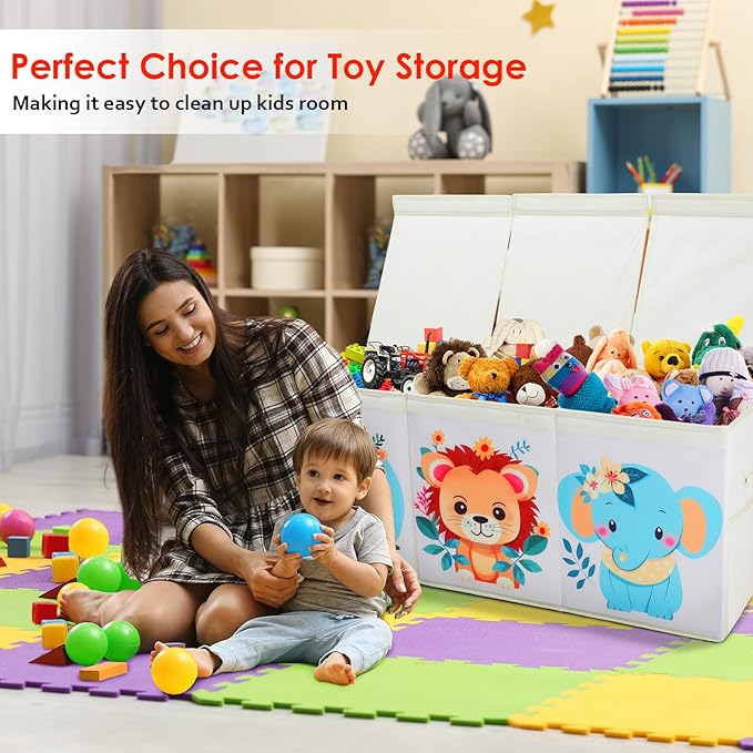 Toy Box Chest for Kids, Collapsible Oxford Toy Storage Box with Handles Mesh Pockets, Extra Large Sturdy Waterproof Organiser for Bedroom Playroom, 37.7×12.5×15.7 Inch (Cute Animal)