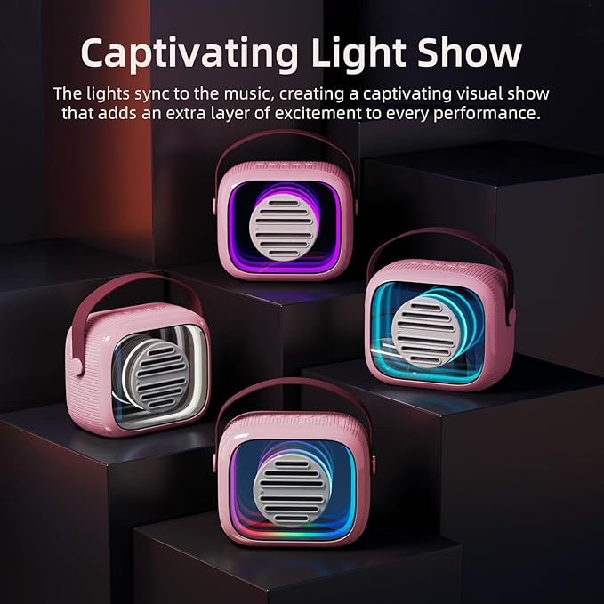 YF93 Mini Karaoke Machine for Kids with Bluetooth Speaker, 7 Voice-Changing Modes, Dual Microphones, Colorful LED Lights, TF Card Support, Portable Singing Gift for Children and Parties(Pink)