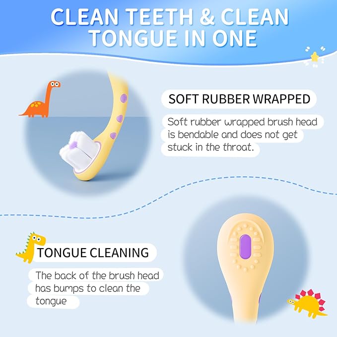 Toothbrush for Toddlers 1-3,Infant to Toddler Training Tooth Brush,Extra Soft Baby Toothbrushes Cleans Baby Sensitive Teeth Non-Slip Grip, Cute Dinosaur Kids Toothbrush for Boys Girls 2 Pack