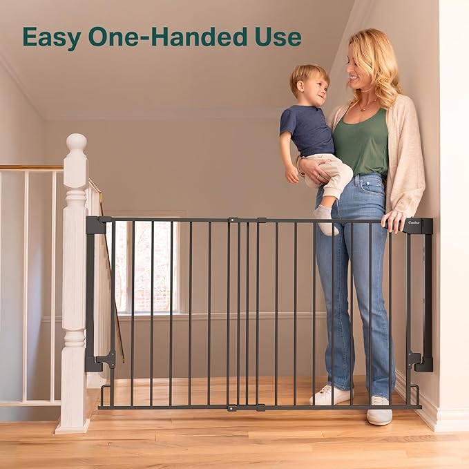 Cumbor 31.6-48" No Bottom Bar Baby Gate for Stairs, 2-in-1 Auto Close Dog Gate Indoor, Hardware Mounted Pet Gate for Doorways with Large Walk Thru Door, Child-Proof Safety Gate for Kids (Black)