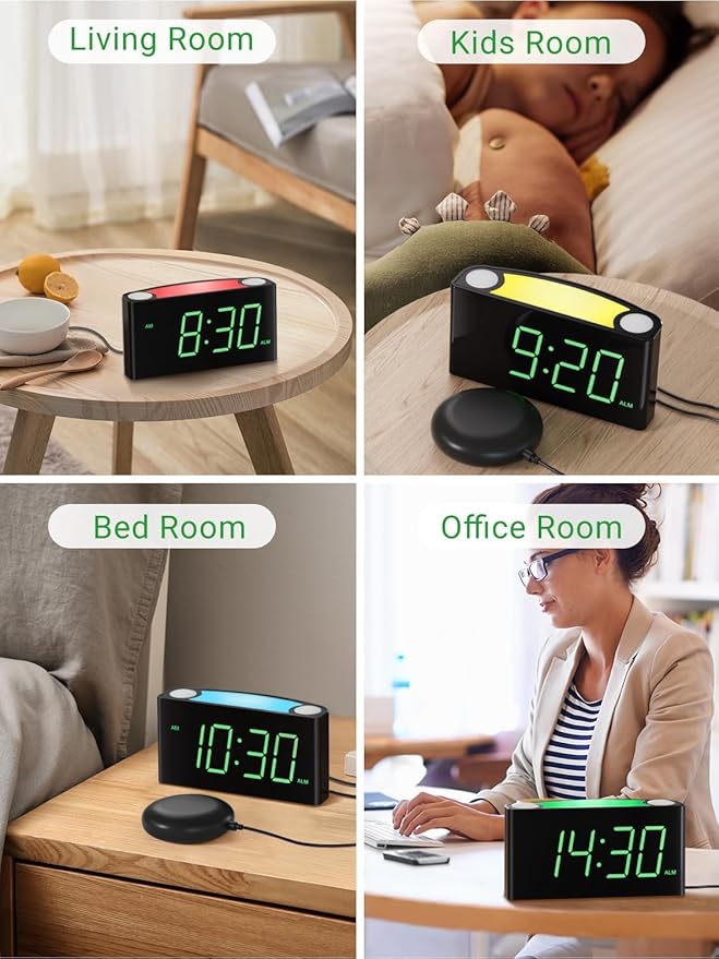 Extra Loud Vibrating Alarm Clock with Bed Shaker for Heavy Sleeper Deaf Hard of Hearing, Large LED Display Digital Clock for Bedroom,Dimmer,Night Light,USB Phone Charger,Battery Backup,Senior Teen Kid