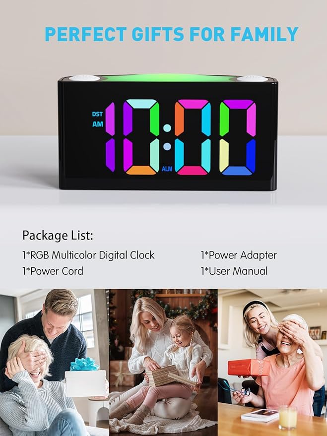 PPLEE RGB Digital Clock-Alarm Clocks for Bedrooms,Large Bold Number 7 Dimmers,Battery Backup Loud Alarm Clock,8 Modes Night Light,Dual Charger USB&Type-C,Bedside Desk Clock for Kid Adult Heavy Sleeper