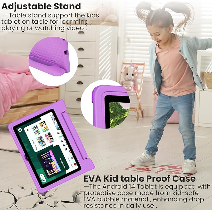 Kids Tablet 10.1 inch Android 14 Octa-Core 64GB 6000mAh Kids Space Parental Control 1280 * 800 HD Touchscreen Shockproof Case Dual Camera Gift for Toddler Children (Purple)