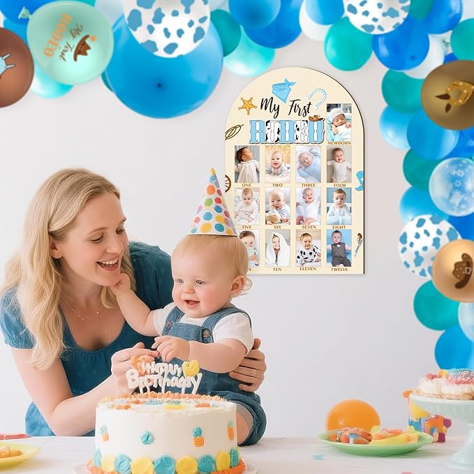 R HORSE 3D My First Rodeo Birthday Wood Photo Display Board, Blue Cowboy Baby's First Year Picture Frame, 1-12 Months Milestone Board Birthday Decorations Keepsake Gift for Baby Boys Nursery Decor