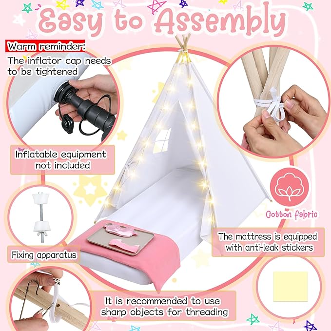 Windyun 6 Pack Kids Teepee Tent for Slumber Party Sleepover Tents for Girls Party with Air Mattress, Star Lights, Blankets Trays Sheets, Natural Cotton Toddler Play Teepee for Indoor Outdoor(White)