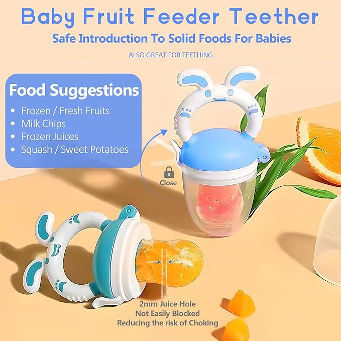WAJIAYON Baby Fruit Feeder Pacifier | 2 Infant Food Feeder Pacifier & Baby Food Dispensing Spoon | Mesh Fresh Fruit Teethers for Babies Teething Feeders | Shower Gifts for Boys and Girls (Blue)