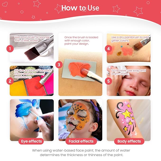Pintada 42 Color Face Painting Kit for Kids - Non Toxic Water Activated Face Paint Palette With Stencils, Brush, Gems. For Carnival, Halloween, Costume Makeup and Any Creative Activity with Kids