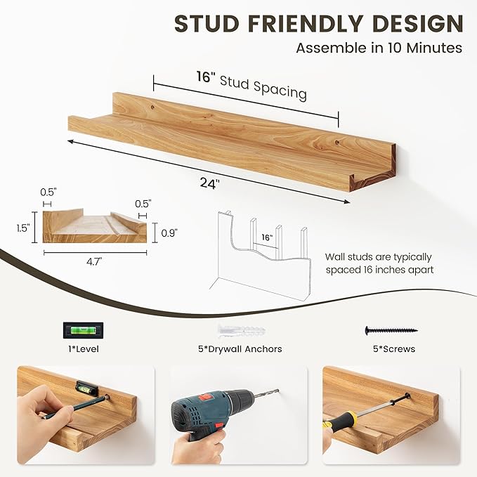 Picture Ledge Shelf - 24 Inches Floating Shelves Set of 2 - Rustic Elm Wood Ledge Shelves for Toys Storage, Kids Bookshelf Wall Mounted for Bedroom, Living Room, Kitchen - 24 Inches - Natural Color