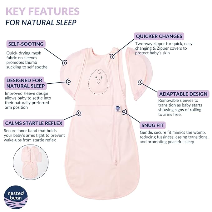 Nested Bean Air 6-in-1 Adaptable Baby Sleep Sack - Unweighted - Comfort & Safety for Natural Sleep, Preferred Arm Position Reduces Startle Reflex, Better for Baby, NB (7-13lbs) Soft Pink