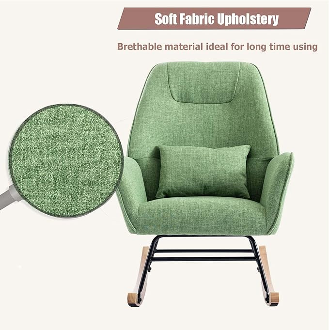 Rocking Chair with Ottoman and Pillow, Glider Rocker Chair, Accent Arm Chair Lounger for Living Room/Bedroom/Nursery, High Back, Solid Hardwood Base, Green