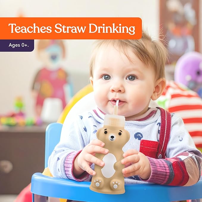 Special Supplies Honey Bear Straw Cup Long Straws, Squeezable Therapy and Special Needs Assistive Drink Container, Spill Proof and Leak Resistant Lid (Pack of 1 Bottle and 3 Straws) (Brown)