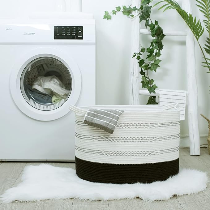 XXXLarge Cotton Rope Basket 22" X 22"X 14" Blanket Basket for Living Room Woven Basket Soft Baby Laundry Blanket Basket Nursery Bin Toy Basket with Handle White+Black