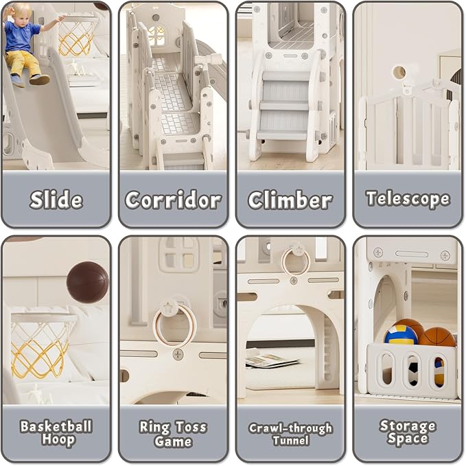 XJD 9 in 1 Toddler Slide Set, Kids Slide for Toddlers Age 1+, Toddler Climber Slide PlaySet with Basketball Hoop and Ball,Outdoor Indoor Playground for Toddlers 1-3 (Gley)