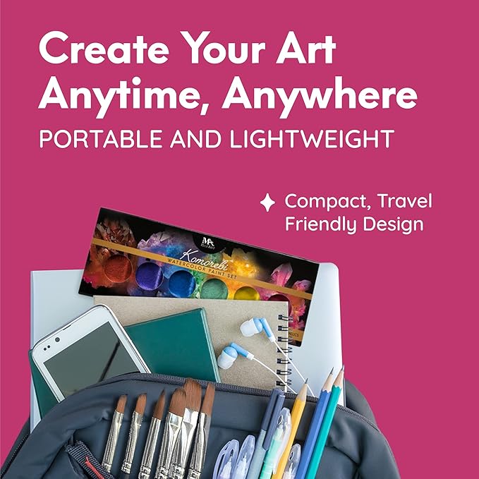 MozArt Supplies Professional Watercolor Paint Set - 6 Jewel Vibrant Colors – Light Weight and Portable Travel Watercolor Set – Perfect for Artists, Students, Kids and Hobbyist