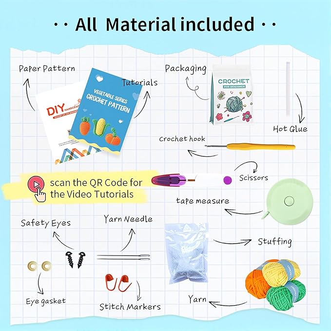 Utook Crochet Kit for Beginners, Crochet Vegetable Kit,Beginner Crochet Kit for Adults and Children, with Instructional Videos and Paper Tutorials, Handmade Crafts, Holiday Gifts (Vegetable)