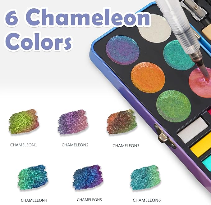 Watercolor Paint Set, 18 Colors Glitter Watercolor Paint Kit (12 Metallic & 6 Chameleon), Portable Travel Set with Water Brush Pen, Pencil, Eraser, Paper - Ideal for Drawing and Art Supplies, Adults, Beginners