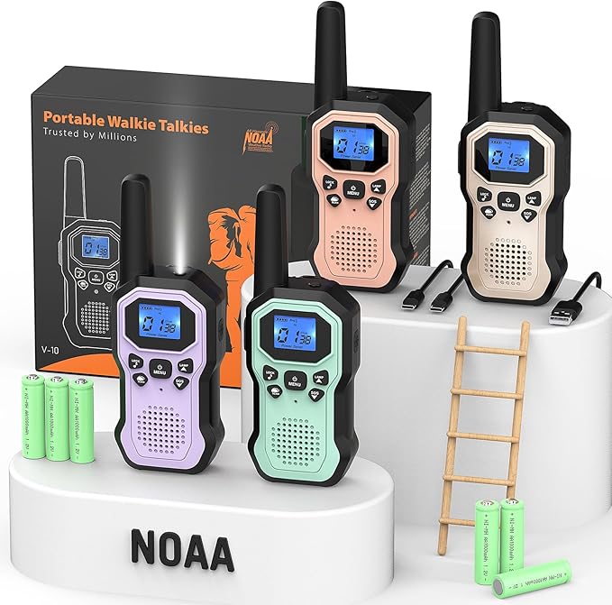 Walkie Talkies for Adults Long Range 2 Way Radios for Kids Rechargeable 4 Pack, Hiking Camping Skiing Cruising Gear with Lamp, USB-C, SOS Siren, NOAA Alert, iVOX Hands-Free, One-Touch Pairing