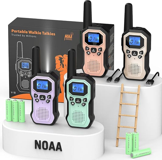 Walkie Talkies for Adults Long Range 2 Way Radios for Kids Rechargeable 4 Pack, Hiking Camping Skiing Cruising Gear with Lamp, USB-C, SOS Siren, NOAA Alert, iVOX Hands-Free, One-Touch Pairing