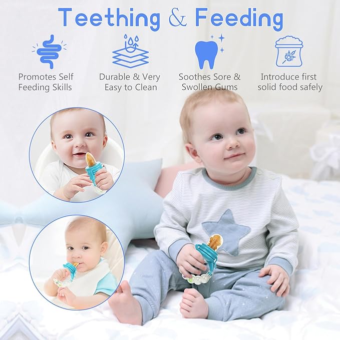 WAJIAYON Baby Fruit Feeder Pacifier - 12 Pack | 2 Infant Food Feeder Pacifier & 1 Babies Food Dispensing Spoon | Fruit Teethers for Babies | Silicone Teether Feeder Baby,Infant Teething Feeders (Blue)