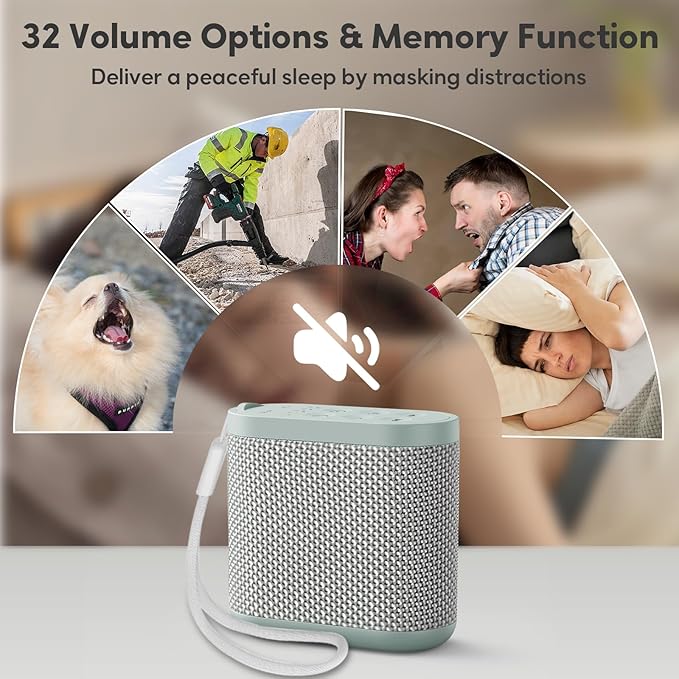 Portable White Noise Machine for Sleeping, Travel & Hotel - 52-Hour Lasting Mini Noise Machine with 21 Quality Non-looping Sounds, Headphone Jack, Memory, Timer for Adults (Green)