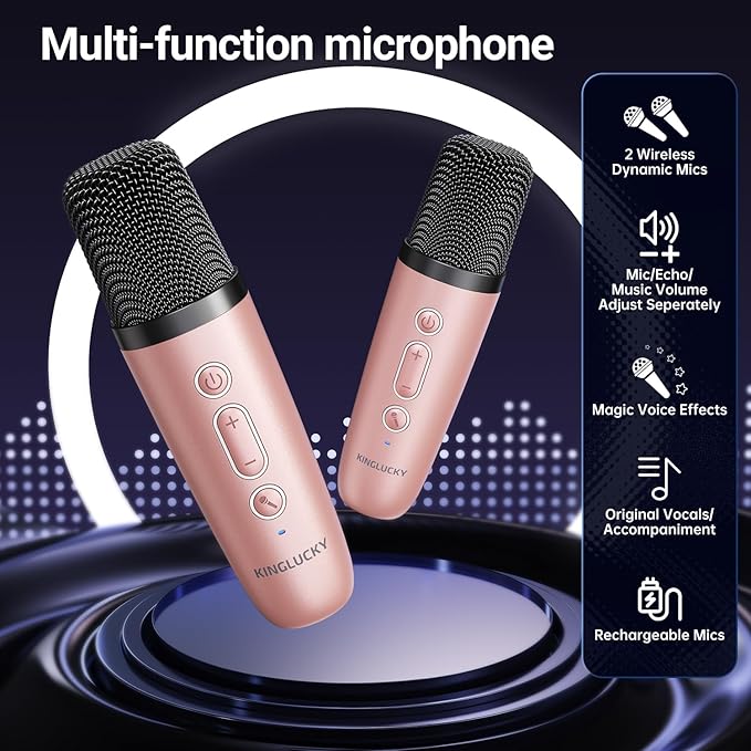 Kinglucky Mini Karaoke Machine for Kids, 2025 TOP Birthday Gifts Ideas for 3-12 Year Old Girls, Christmas Party Gifts Kids' Personal Video Players Accessories with 2 Wireless Microphones - Rose Gold
