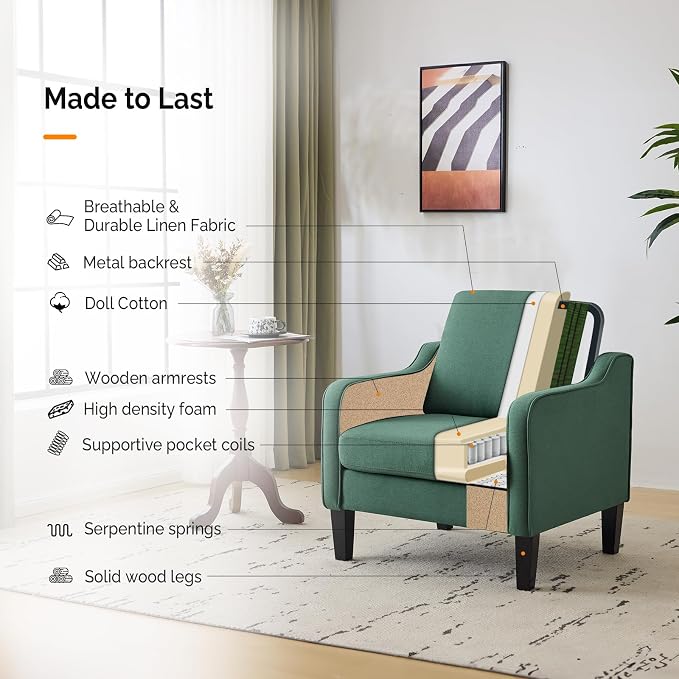 VINGLI Accent Chair for Living Room Chairs Dark Green Reading Chair for Bedroom - Image 6