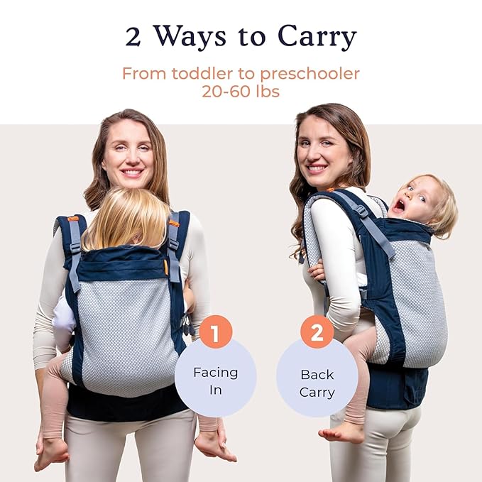 Beco Toddler Carrier - Breathable 3D Mesh Front-Carry & Backpack Style Carrier with Tall Supportive Back and Ergonomic Extra-Wide Seat for Children from 18months (20-60 lbs) - Navy