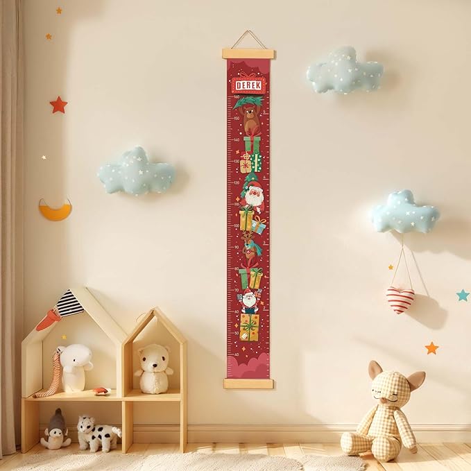 Personalize Name Baby Height Growth Chart, Christmas Theme Canvas&Wood Growth Chart for Wall Room Nursery Decor, Waterproof Measuring Wall Ruler, Wall Tape with Height Chart for Kids
