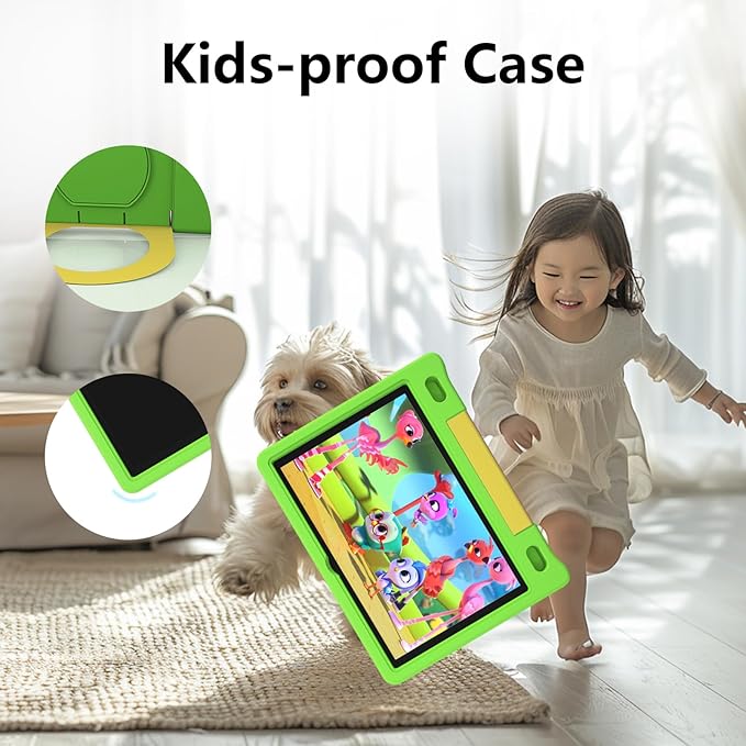 JREN Kids Table 10.1" ｜Android 14 Tablet for Kids｜64GB Storage｜Octa-Core｜WiFi ｜Cameras｜Parental Control｜Kids Content｜Case Included Great Gift for Children Ages 3-12 Years Old Green