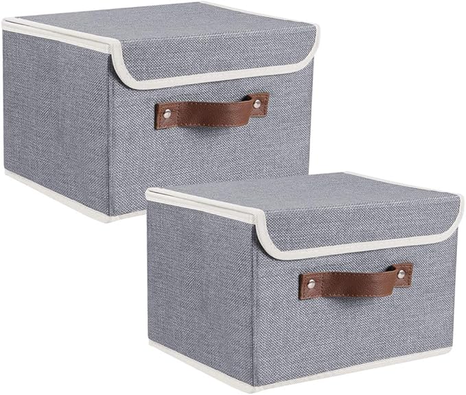 Lucky Monet Storage Bins Boxes with Lids 2 Pack Decorative Storage Boxes Collapsible Fabric Storage Basket Containers Lidded Storage Cube for Organizing Closet Home Office, 10"x 8"x 7" (Grey)