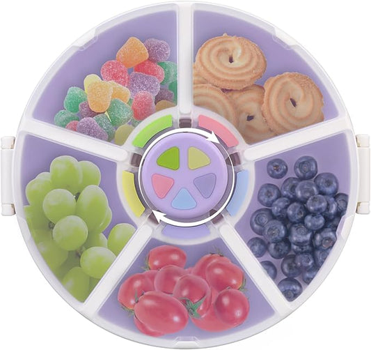Kids Reusable Rotating Snack Container with 5 Separate Compartments, Color Matching Opening Lid, BPA/PVC-Free, Dishwasher Safe, Perfect for Travel, School Lunches & On-the-Go Snacking-Purple