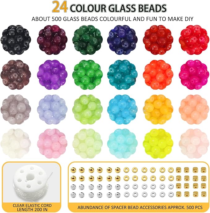 JULIMAIDONG 8mm Glass Beads for Bracelets 1000pcs, 24 Colors Round Crystal Glass Bracelet Beads Making Kit for Jewelry Making Kits Bead DIY Crafts with Spacer Charms Accessories (8MM, 24 Color)