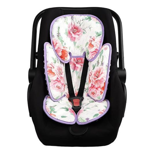 Pea Pod Infant Car Seat Insert 2-in-1 Baby Car Seat Head & Body Support for Newborn Girl Reversible 3 Layer Warm Preemie Carseat Stroller Cushion Headrest with Soft Minky Dot Fabric, Pink Floral
