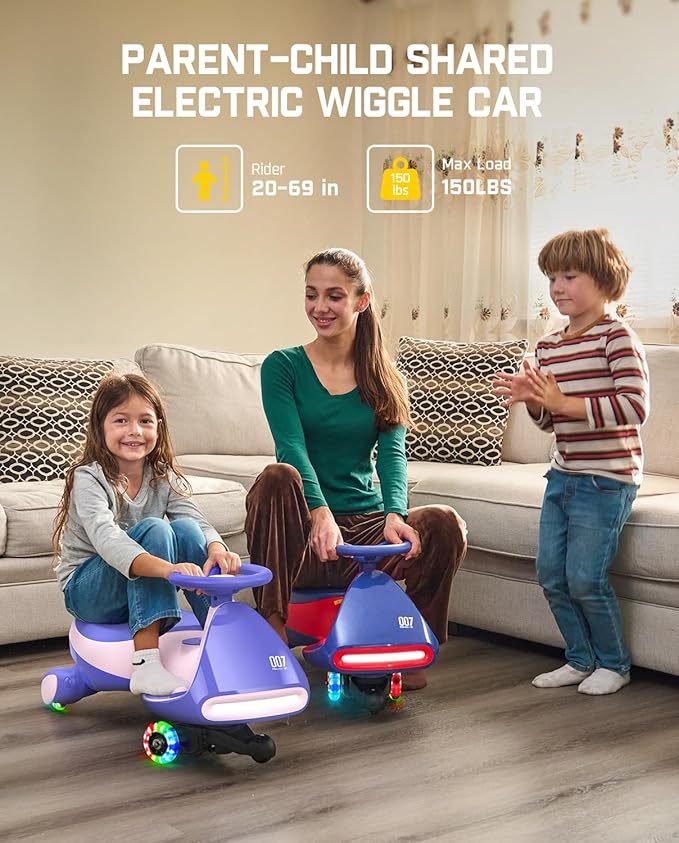 FanttikRide 6V N7 Classic Electric Wiggle Car with Pedal, Rechargeable Battery, Ride on Toys, Swing Car, 2 Speeds, Anti-Rollover, Flashing Light Wheels, Bluetooth, for Ages 3 and Up, 150 Lbs, Pink