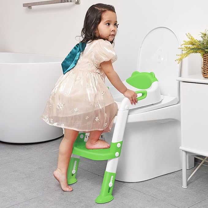 Potty Training Seat with Step Stool Ladder, SKYROKU Potty Training Toilet for Kids Boys Girls Toddlers - Comfortable Safe Potty Seat with Anti-Slip Pads Ladder Green