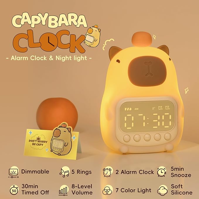 Capybara Alarm Clock with Night Light for Kids, Cute Toddler Alarm Clocks for Bedrooms Ok to Wake Clocks for Girls and Boys, Silicone Animal Tabletop Lamp for Kid, RGB Color