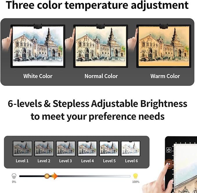 Rechargeable A3 Light Pad for Diamond Painting with Padded Case,Light Board with Stand,3 Colors Stepless Dimmable and 6 Levels of Brightness Light Box for tracing,Drawing,Sketching,Animation