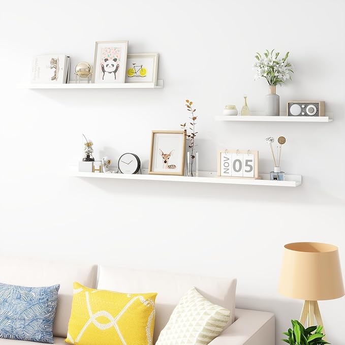 Picture Ledge Shelf, Wood Long Floating Shelves for Wall, Set of 2, 48 inch Picture Ledge Shelves, Photo Ledge Nursery Book Shelves Wall Mounted for Living Room Kids' Room Bedroom, Color White