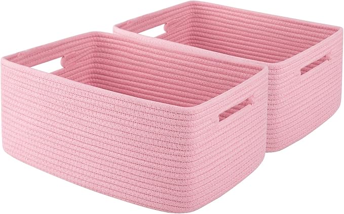 OIAHOMY Storage Basket for Shelves, Closet Cube Storage Bins Baskets for Clothes Blanket Towels, Baby Nursery, Toy Baskets Box, Woven Rope Basket, 15.75*11.81*7.09 IN, 2 Packs Pink