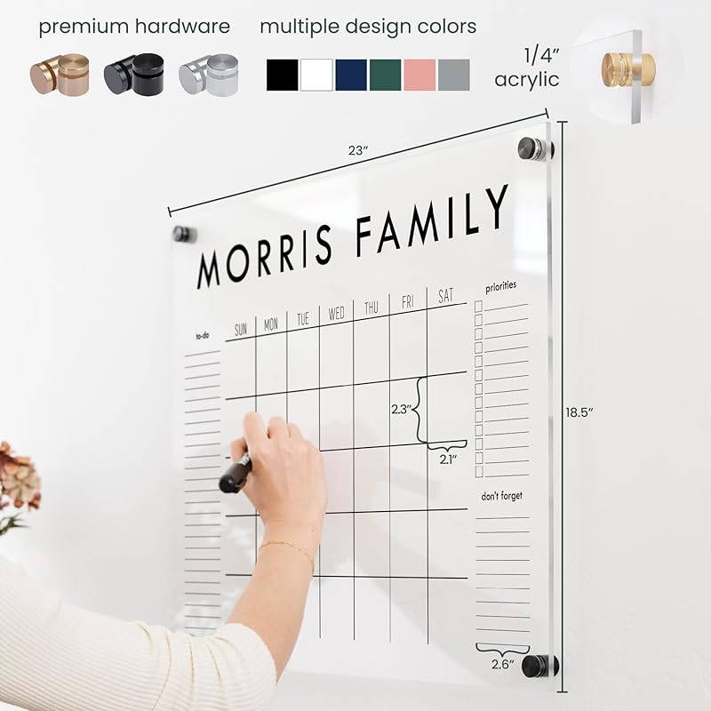 Personalized Clear Acrylic Calendar for Wall, Calendar Whiteboard for Wall, Dry Erase Wall Calendar, Wall Calendar Organizer System for Home (Block, Grey, 23"W x18.5"H)