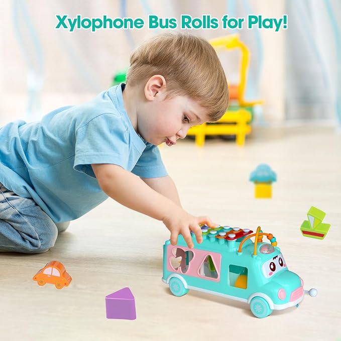Baby Xylophone for Toddlers 1-3, Bus Shaped Toy Xylophone for Kids with Child Safe Mallet, Shape Sorting Educational Musical Toys and Instruments for Toddlers 1-3