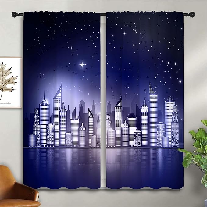 City Rod Pocket Blackout Curtains for Boy Girl Bedroom, New York Skyline Modern City Starry Sky Night View Home Energy Efficient Light Filtering Window Curtain for Living Room, 42x63 inch