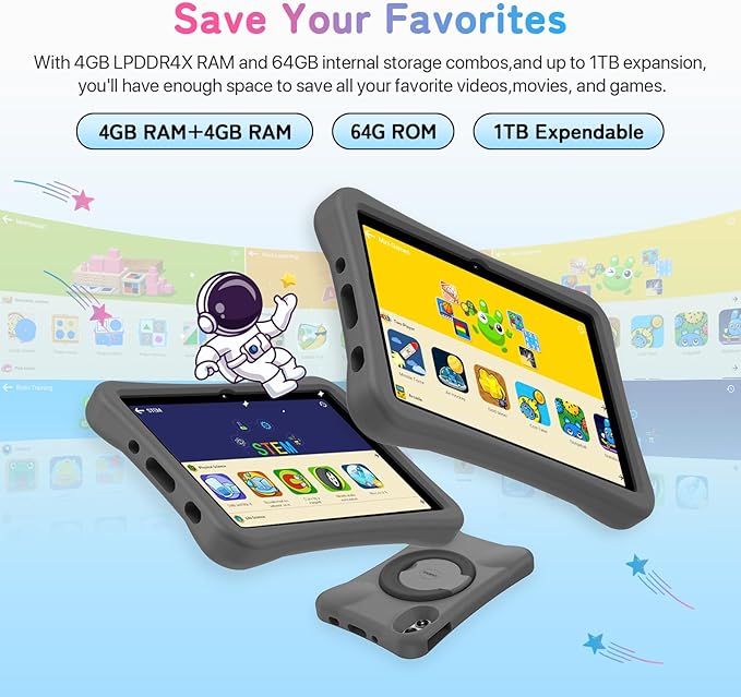 UMIDIGI Kids Tablet, G1 Tab Android 13 for Kids, 10.1", 4+4G+64G up to 1TB, WiFi 6, 8MP+8MP Dual Camera, Quad-Core, 6000mAh, BT5.0, TÜV Eye Bluelight Tablet Android, Parental Control