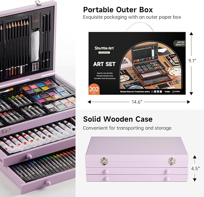 Shuttle Art Deluxe Gift Art Kit, 202-Piece Wooden Art Supplies Set with 4 Drawing Pads, Canvases, Coloring Sheets, Acrylic Paint, Crayons, Oil Pastels, Colored Pencils for Kids