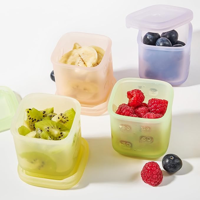 Olababy Clear Sense Silicone Storage Containers 4pk for Baby Food, Snacks, Formula, Puree, Sauce & More | Micro Plastic & BPA-Free | Daycare Essentials for Toddlers and Kids (Blueberry, 4 oz / 120 ml)